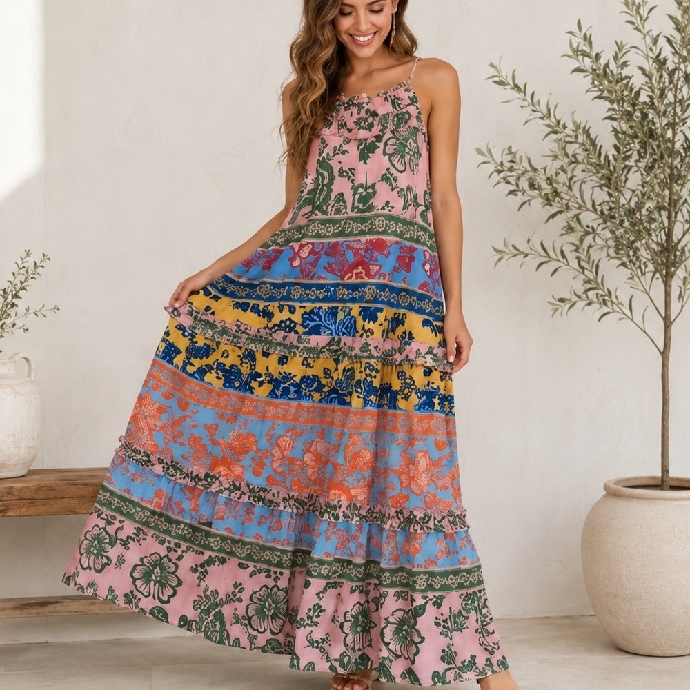 Grace Karin Floral Patchwork Tiered Maxi Dress Halter Neck Pink Multi Size M NEW